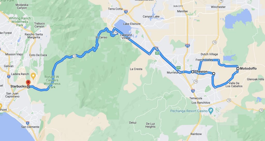 Map route through Orange County showcasing scenic roads for Ducati rides