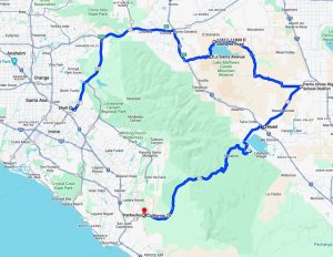 Map route for a Ducati group ride through Orange County and scenic coastal roads