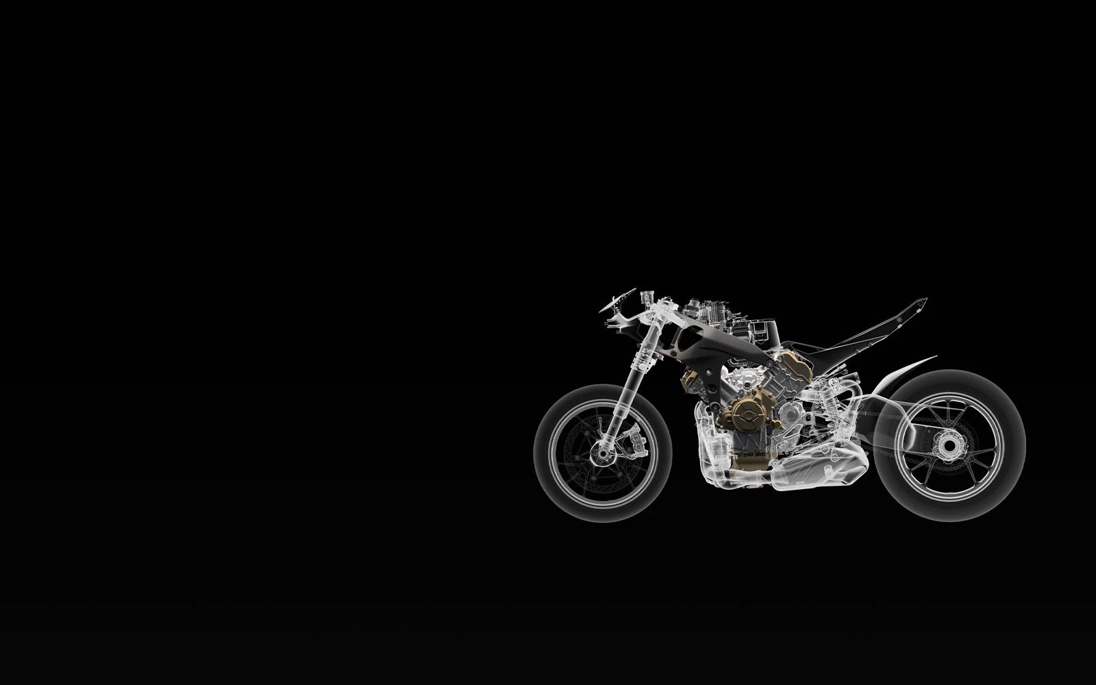 X-ray style rendering of a motorcycle frame, engine and wheels on black