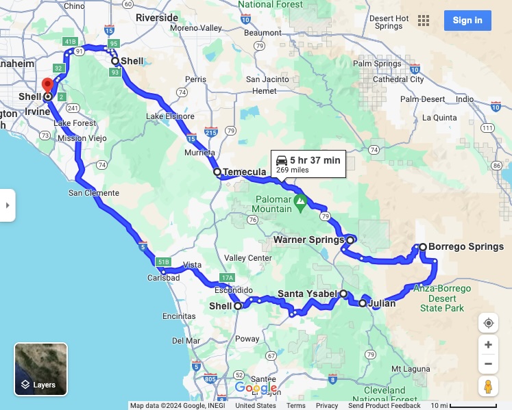 Scenic route map for Ducati group ride through Orange County and along PCH with key stops highlighted