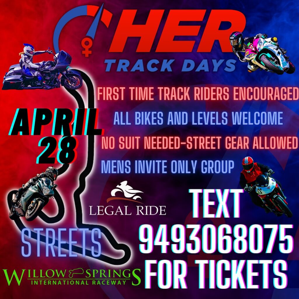 HER Track Days at Willow Springs, welcoming all bike levels for first-time track riders on April 28