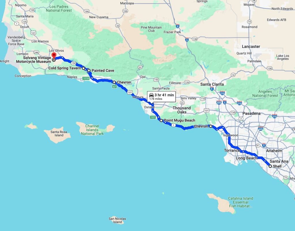 PCH route map highlighting scenic rides in Orange County for Ducati enthusiasts
