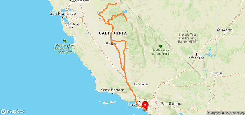 Route map of a California loop from LA through Fresno to Yosemite and Sequoia