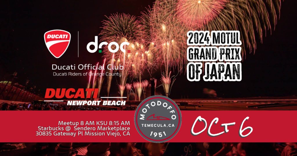 2024 Motul Grand Prix of Japan flyer, MotoDoffo, Oct 6, meetup 8am at Starbucks Sendero Marketplace
