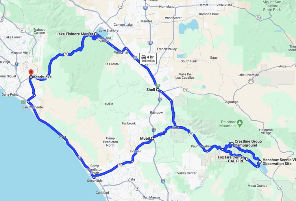 Scenic route map for Ducati riders in Orange County, highlighting popular roads and destinations for group rides
