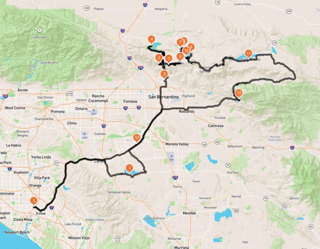 Map of scenic motorcycle routes in Orange County for Ducati riders, including popular destinations and ride stops