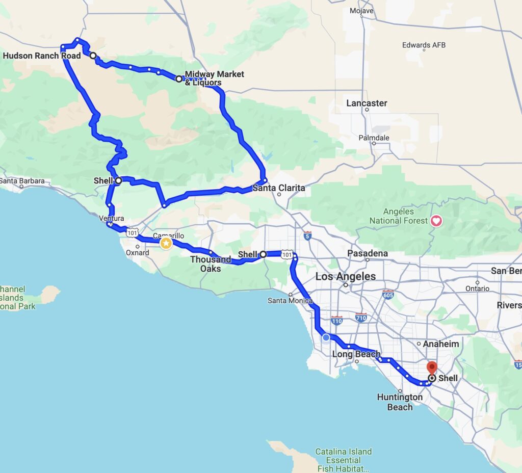 Scenic route map for Ducati riders from Orange County to Ojai featuring Hudson Ranch Road and Santa Clarita