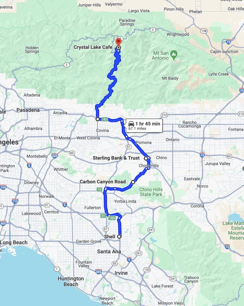 Canyon ride route to Crystal Lake Cafe via Carbon Canyon Road from Orange County for Ducati enthusiasts