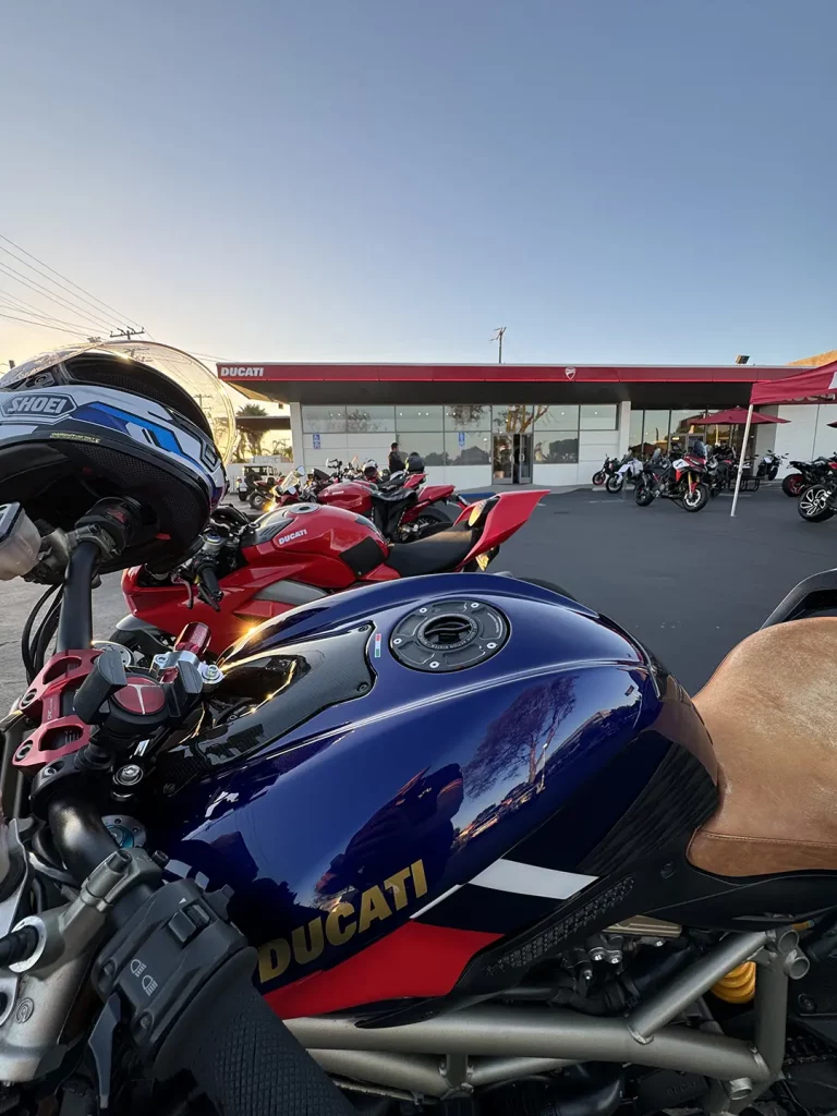 Ride with DROC: the six ways we ride 3 Ducati bike at DROC VIP event outside Ducati dealership in Orange County with multiple motorcycles in view