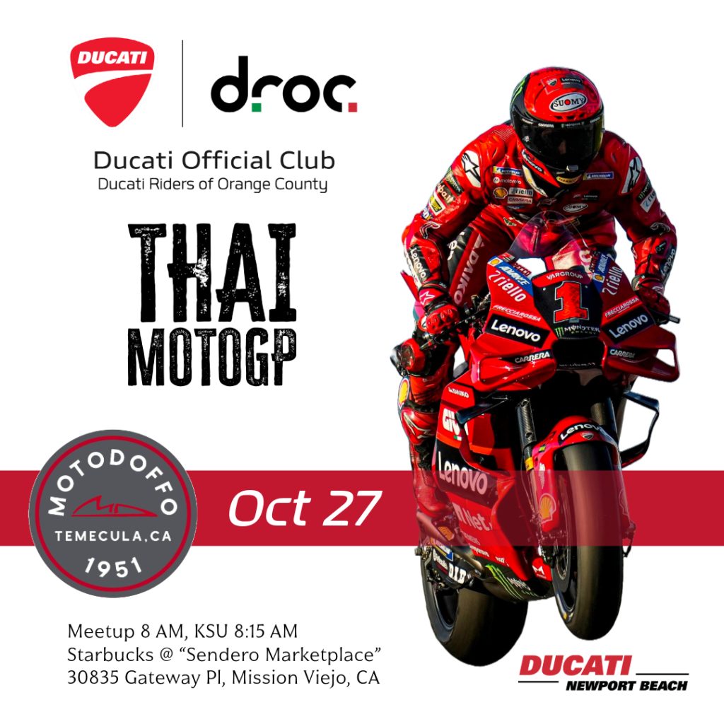 DROC Thai MotoGP watch party flyer, MotoDoffo Temecula, Oct 27, meetup 8 AM at Starbucks in Mission Viejo