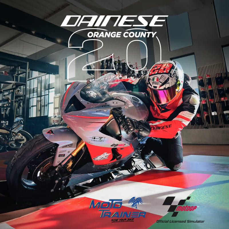 Dainese Orange County 20th anniversary flyer with rider crouched on a sportbike, MotoTrainer simulator logos