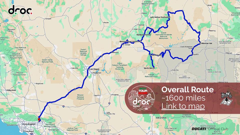DROC ADV Tour route map, about 1600 miles from Los Angeles through Las Vegas to Utah and Grand Canyon North Rim