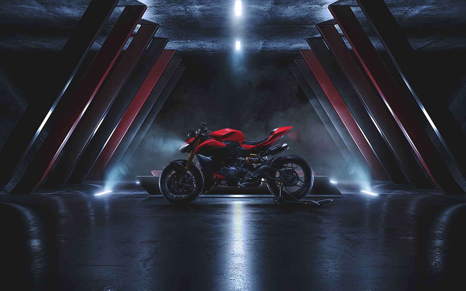 Red Ducati Streetfighter motorcycle in a dark studio with angular red and white light beams