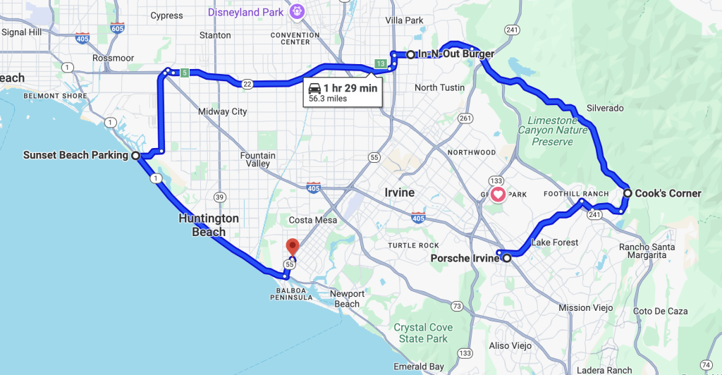 Route map for Ducati group ride through Orange County, featuring key stops like Sunset Beach and Cook's Corner
