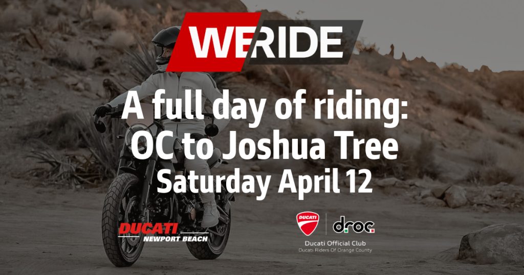 Ducati Scrambler rider on a desert road in Orange County heading to Joshua Tree for a group ride event