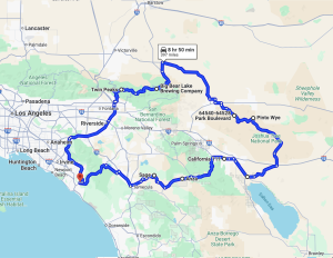 Route map from the Orange County coast to Joshua Tree National Park via Big Bear Lake, 397 miles