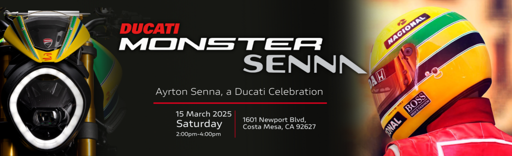 Ducati Monster Senna showcased at Ducati Newport Beach for Ayrton Senna celebration in Costa Mesa, March 15, 2025