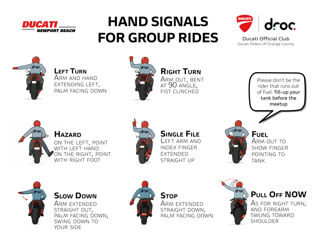 Rides 8 Hand signals guide for Ducati Riders of Orange County group rides.