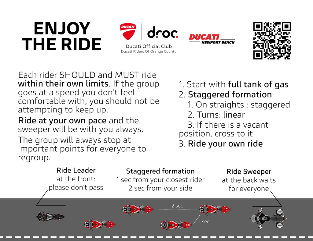 Rides 7 Enjoy the Ride guide showing staggered formation, ride leader and sweeper positions for group rides