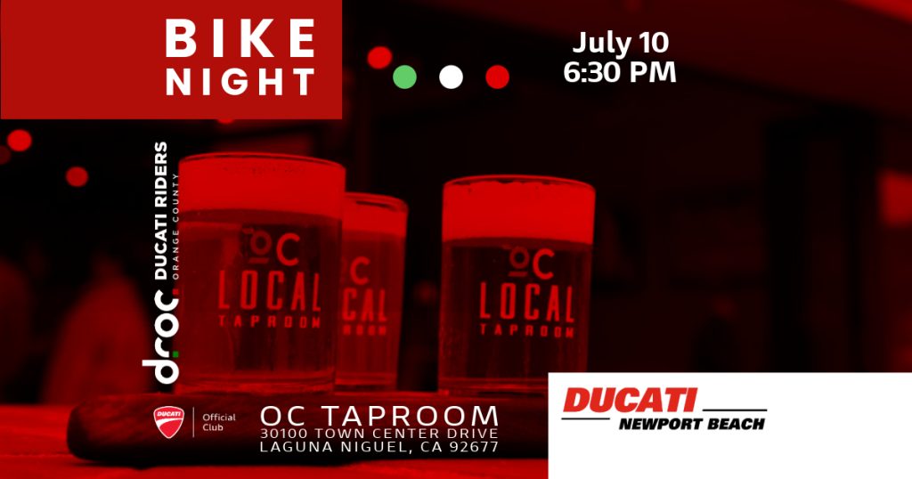 Ducati bike night at OC Taproom in Laguna Niguel with local riders enjoying drinks and camaraderie