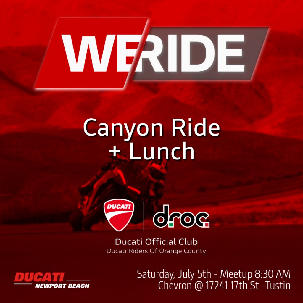 Canyon Ride and Lunch flyer, Saturday July 5 meetup 8:30 AM at Chevron, 17241 17th St, Tustin