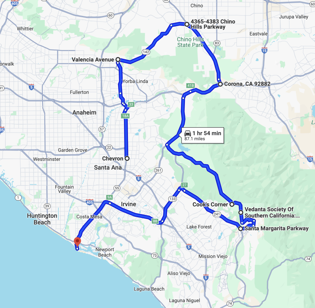 Route map from Chino Hills Parkway through Corona and Cook's Corner to Santa Margarita Parkway, 87 miles