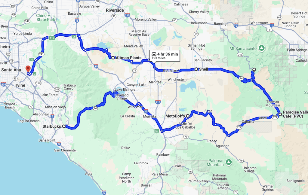 Route map from Santa Ana through Altman Plants and MotoDoffo to Paradise Valley Cafe, 193 miles