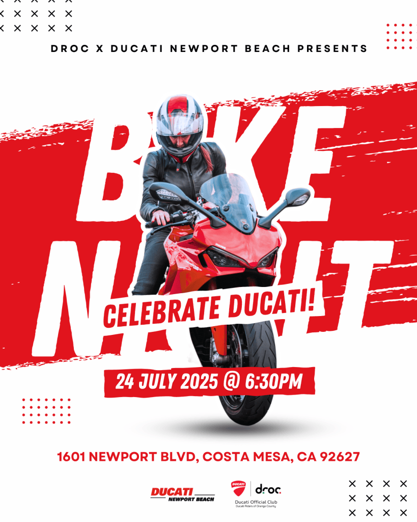 Bike Night flyer, July 24 2025 6:30 PM at 1601 Newport Blvd, Costa Mesa, DROC x Ducati Newport Beach