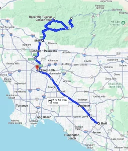 Route map from Shell station near Irvine to Upper Big Tujunga Canyon Road, 126 miles, 2 hr 52 min