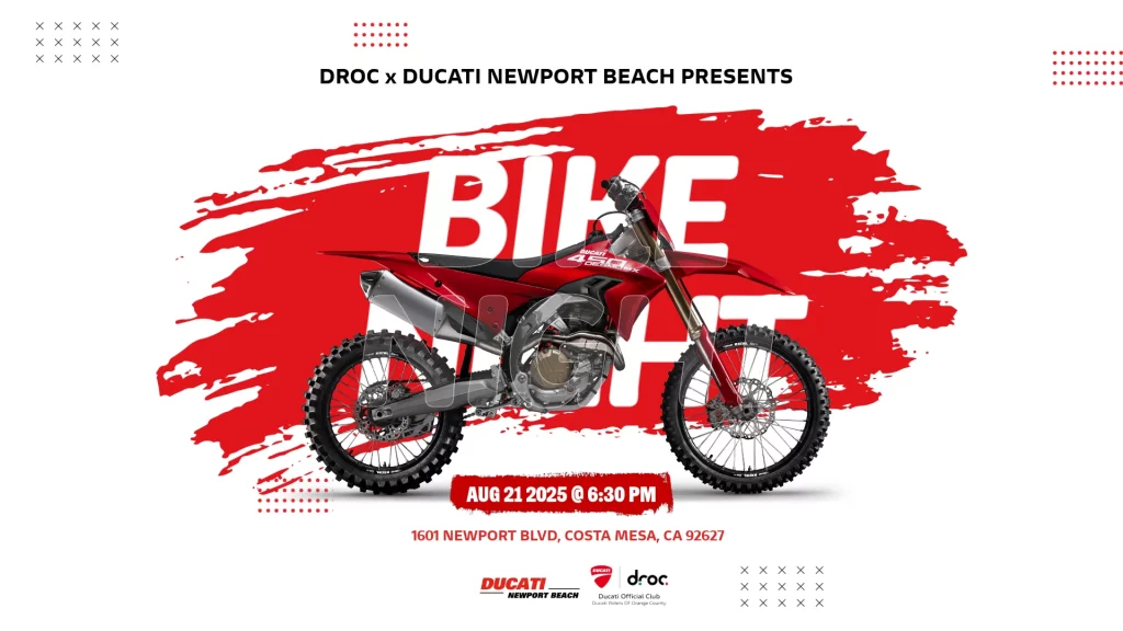 Ducati bike night event at Newport Beach featuring a vibrant motorcycle in Costa Mesa, Orange County on August 21, 2025