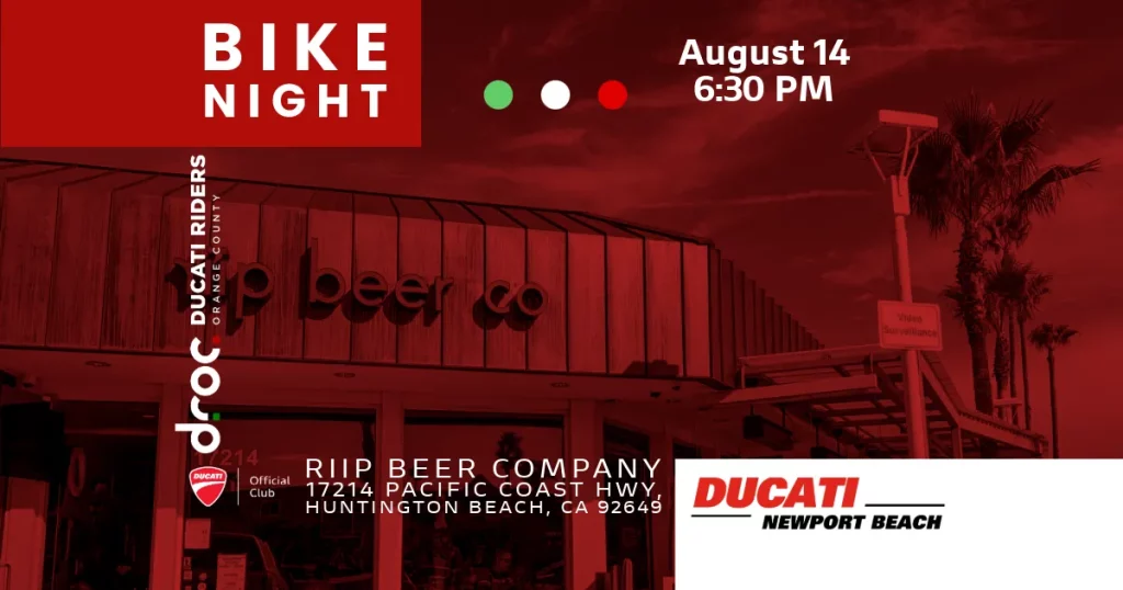 Bike Night flyer for August 14 6:30pm at Riip Beer Company, 17214 Pacific Coast Hwy, Huntington Beach