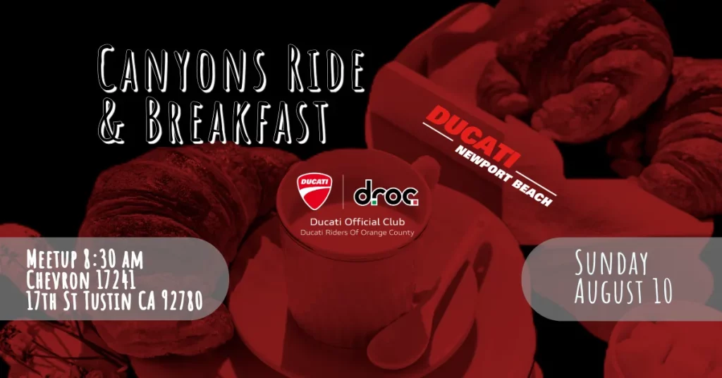Canyons Ride & Breakfast flyer, Sunday August 10, meetup 8:30am at Chevron, 17th St, Tustin