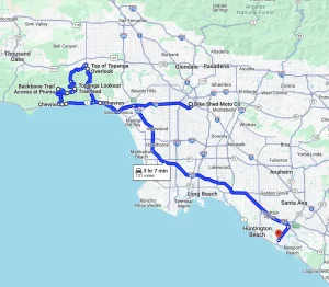 Ducati group ride route map through Orange County, featuring scenic stops along the Pacific Coast Highway