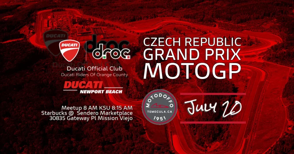 Flyer for Czech Republic MotoGP watch party July 20, meetup 8am at Starbucks, Sendero Marketplace Mission Viejo