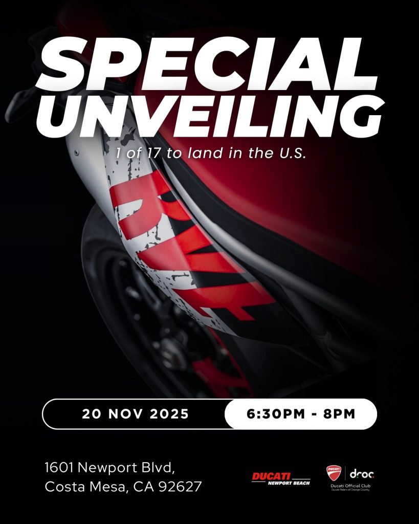 Ducati bike unveiling event at Newport Beach featuring a rare model in Costa Mesa, Orange County on November 20, 2025