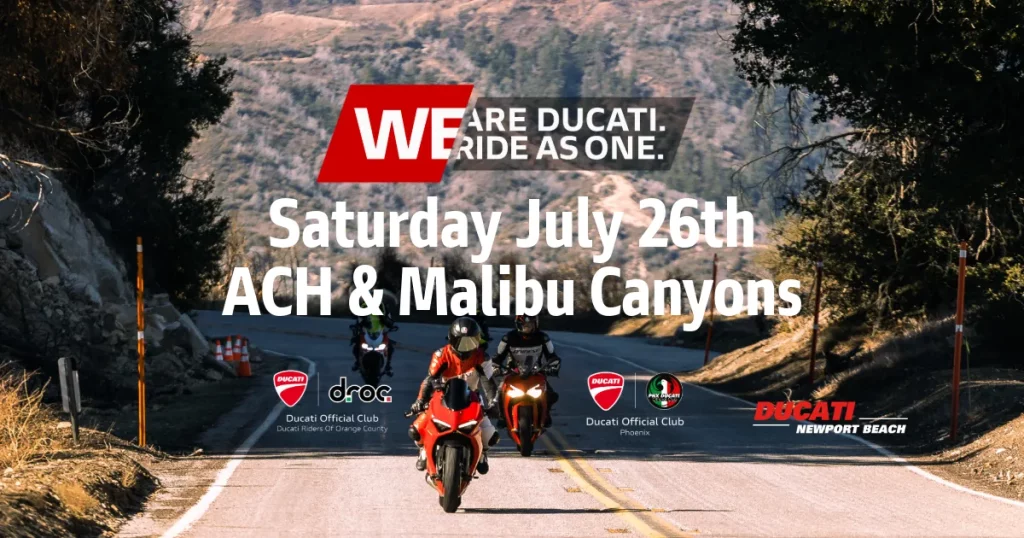 Ducati riders on a scenic road in Malibu Canyons during the Summer Festival 2025 group ride in Orange County