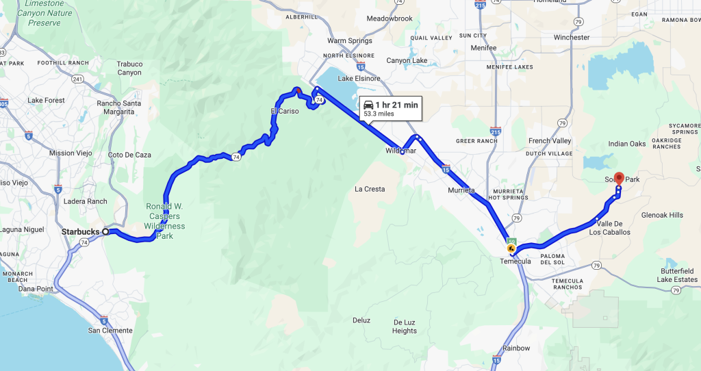 Route map from a Starbucks via Ortega Highway to Temecula, 53.3 miles, 1 hr 21 min