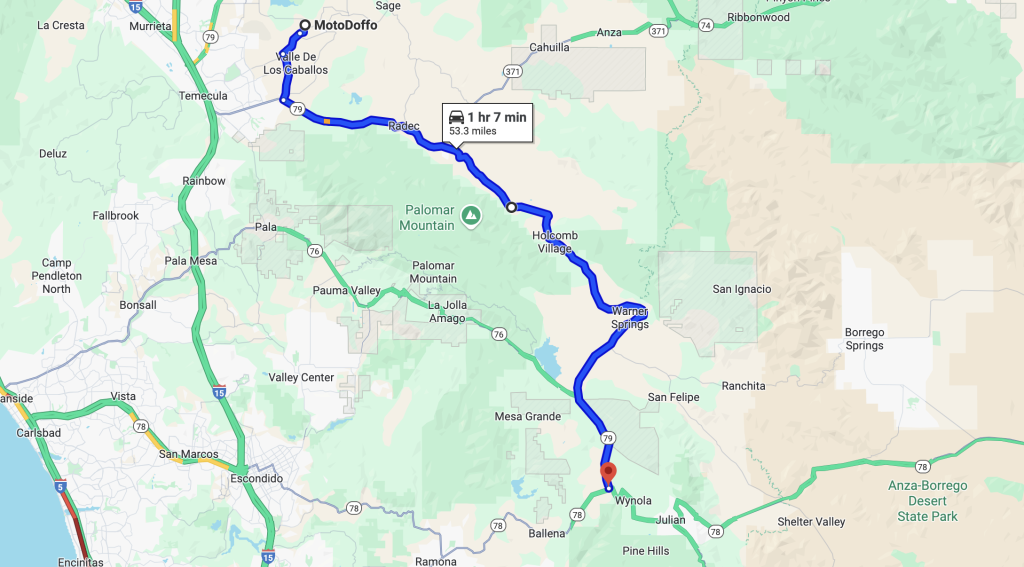 Map route from Wynola to MotoDoffo, showcasing scenic roads near Palomar Mountain in Southern California