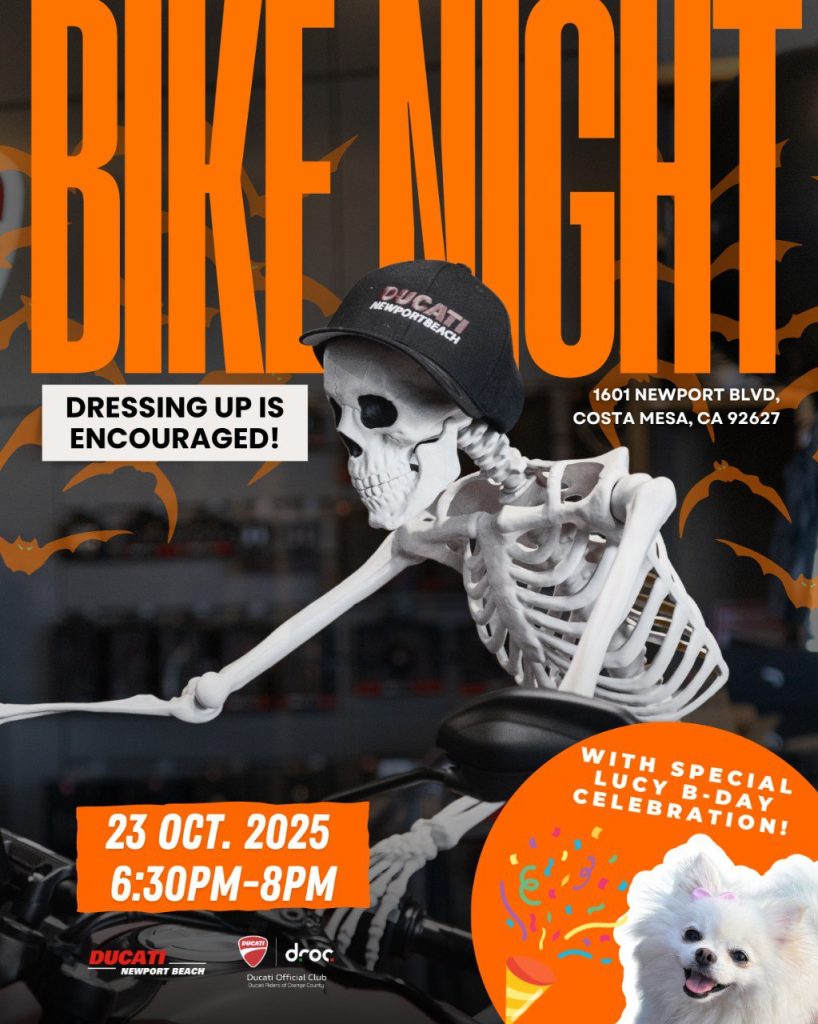 Bike Night flyer at Ducati Newport Beach, Oct 23 2025 6:30-8pm, 1601 Newport Blvd, Costa Mesa
