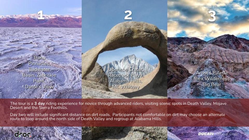 Scenic views of Death Valley for the DROC ADV Tour, highlighting unique landscapes and riding routes
