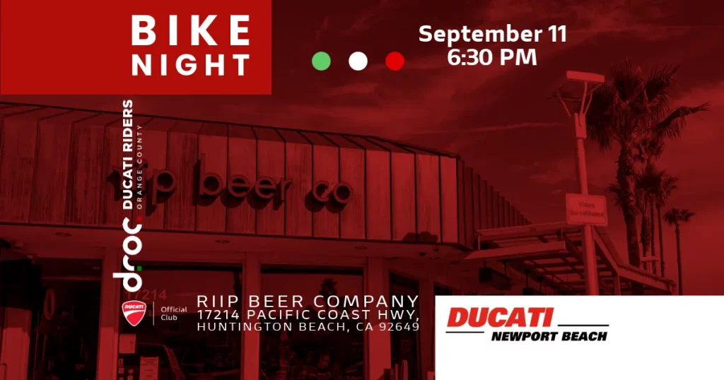 Bike Night at Riip Beer Company in Huntington Beach with Ducati Riders of Orange County on September 11 at 6:30 PM