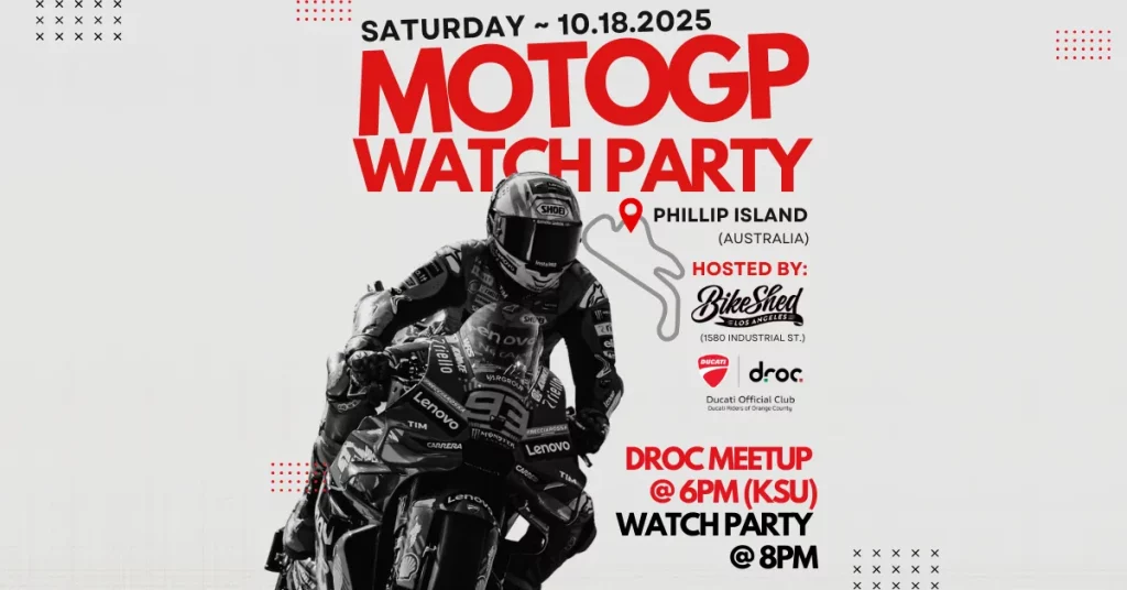 MotoGP Watch Party flyer: Phillip Island, Sat Oct 18 2025 at Bike Shed LA, meetup 6pm, race 8pm