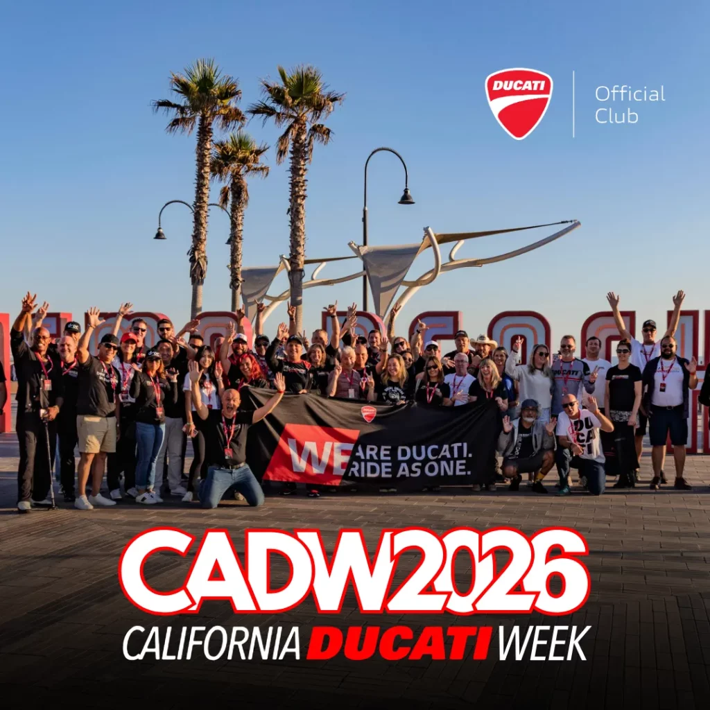 Ride with DROC: the six ways we ride 19 CADW2026 California Ducati Week graphic over a group photo with a We Are Ducati Ride As One banner