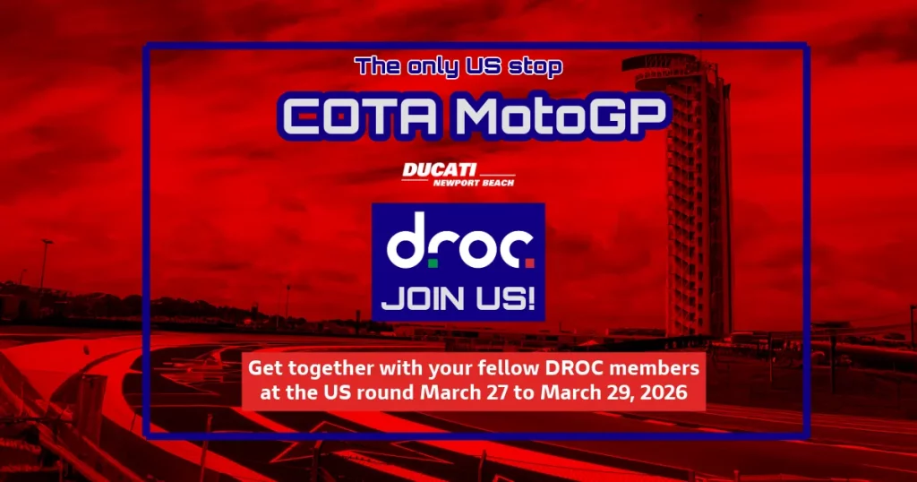 COTA MotoGP event announcement for DROC members in Orange County, March 27 to March 29, 2026