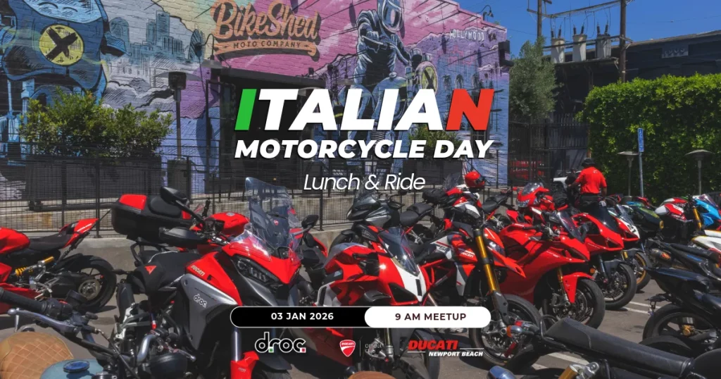 Ducati bikes line up at Bike Shed for Italian Motorcycle Day in Orange County, featuring a vibrant mural backdrop