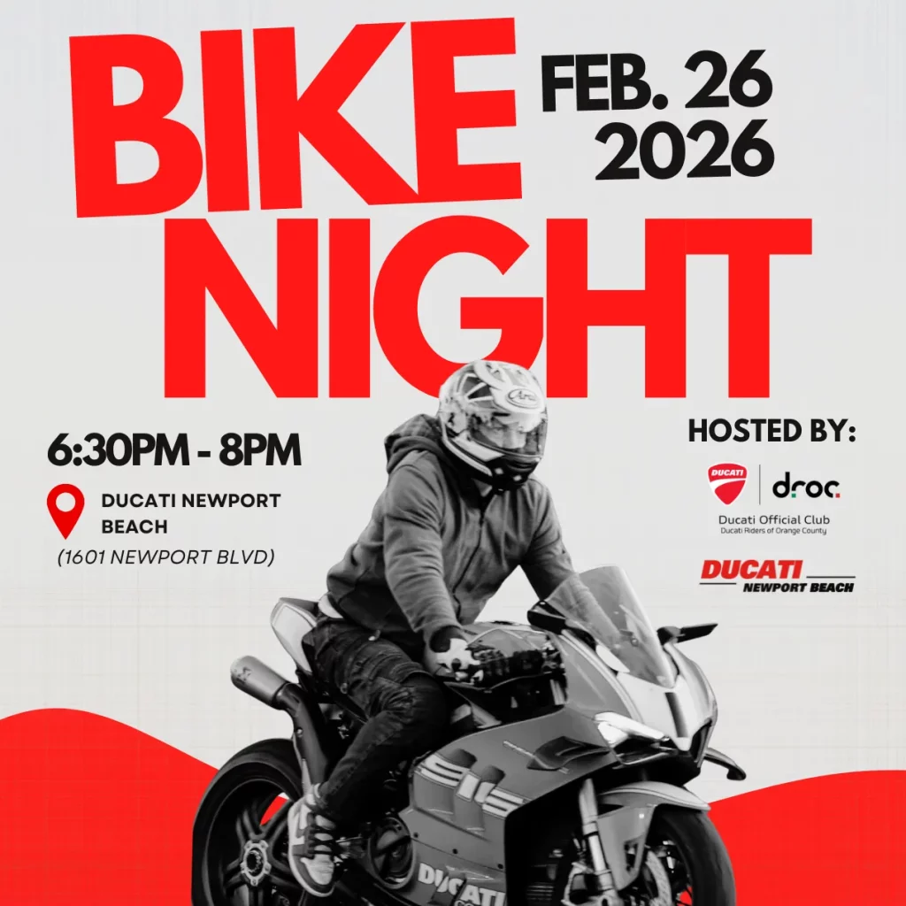 Bike Night poster, Feb 26 2026, 6:30-8pm at Ducati Newport Beach, hosted by DROC