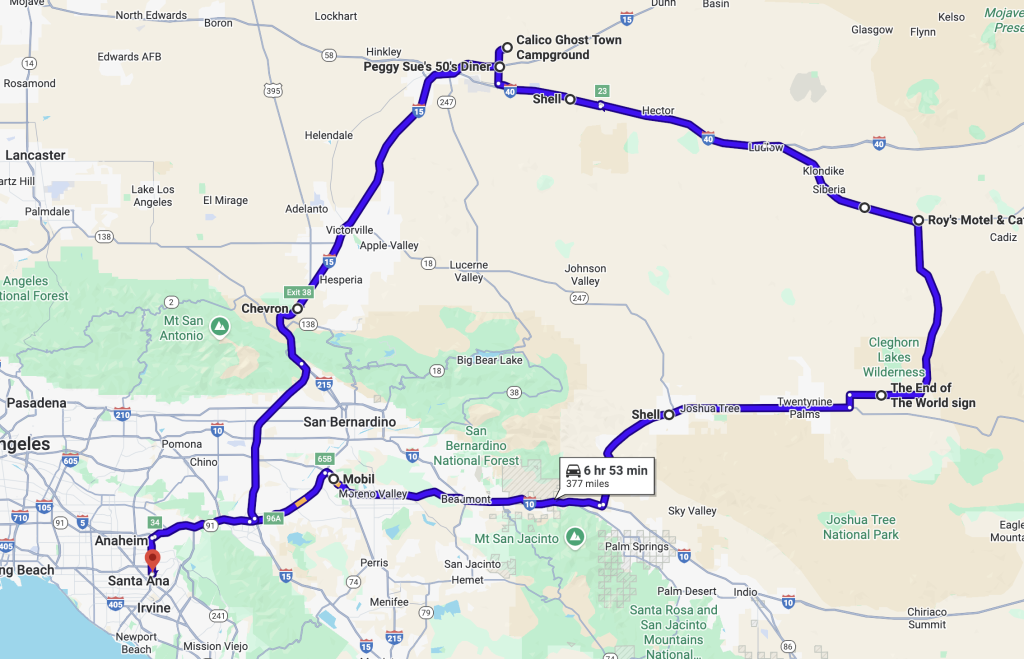 Map route from Orange County to Calico Ghost Town and "End of The World" for Ducati riders event