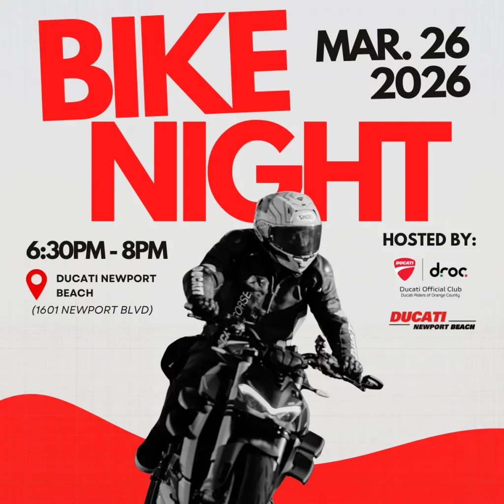 Bike Night poster, Mar 26 2026, 6:30-8pm at Ducati Newport Beach, hosted by DROC