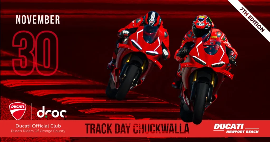 Track Day Chuckwalla flyer, 7th edition, November 30, two riders leaning into a turn