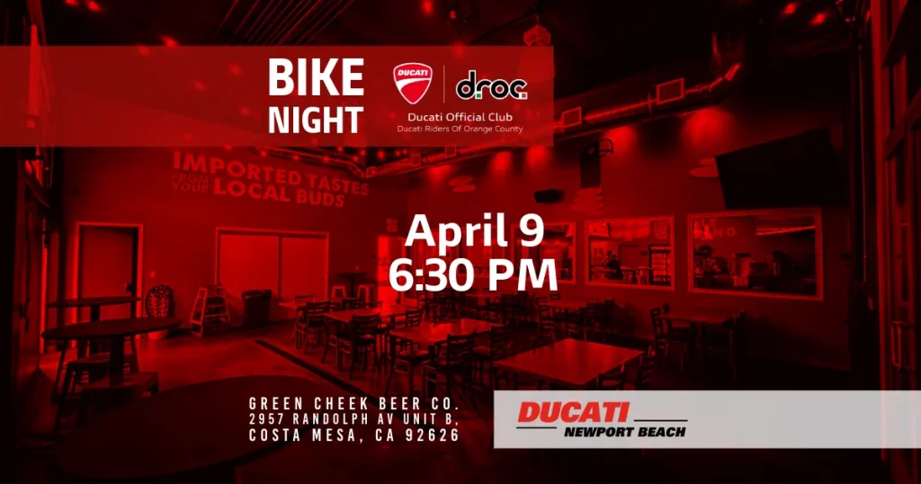 Bike Night flyer, April 9 6:30 PM at Green Cheek Beer Co, 2957 Randolph Ave, Costa Mesa